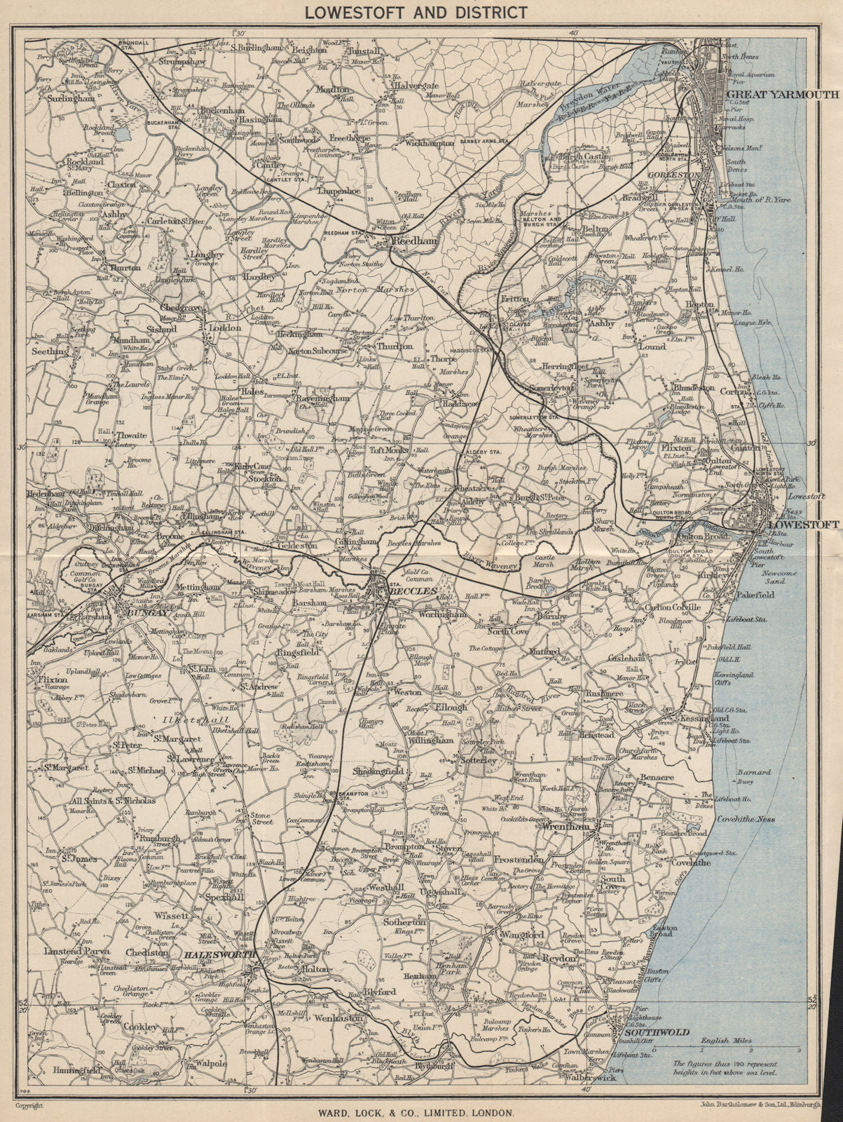 LOWESTOFT area Great Yarmouth Beccles Southwold. Norfolk/Suffolk Broads 1950 map